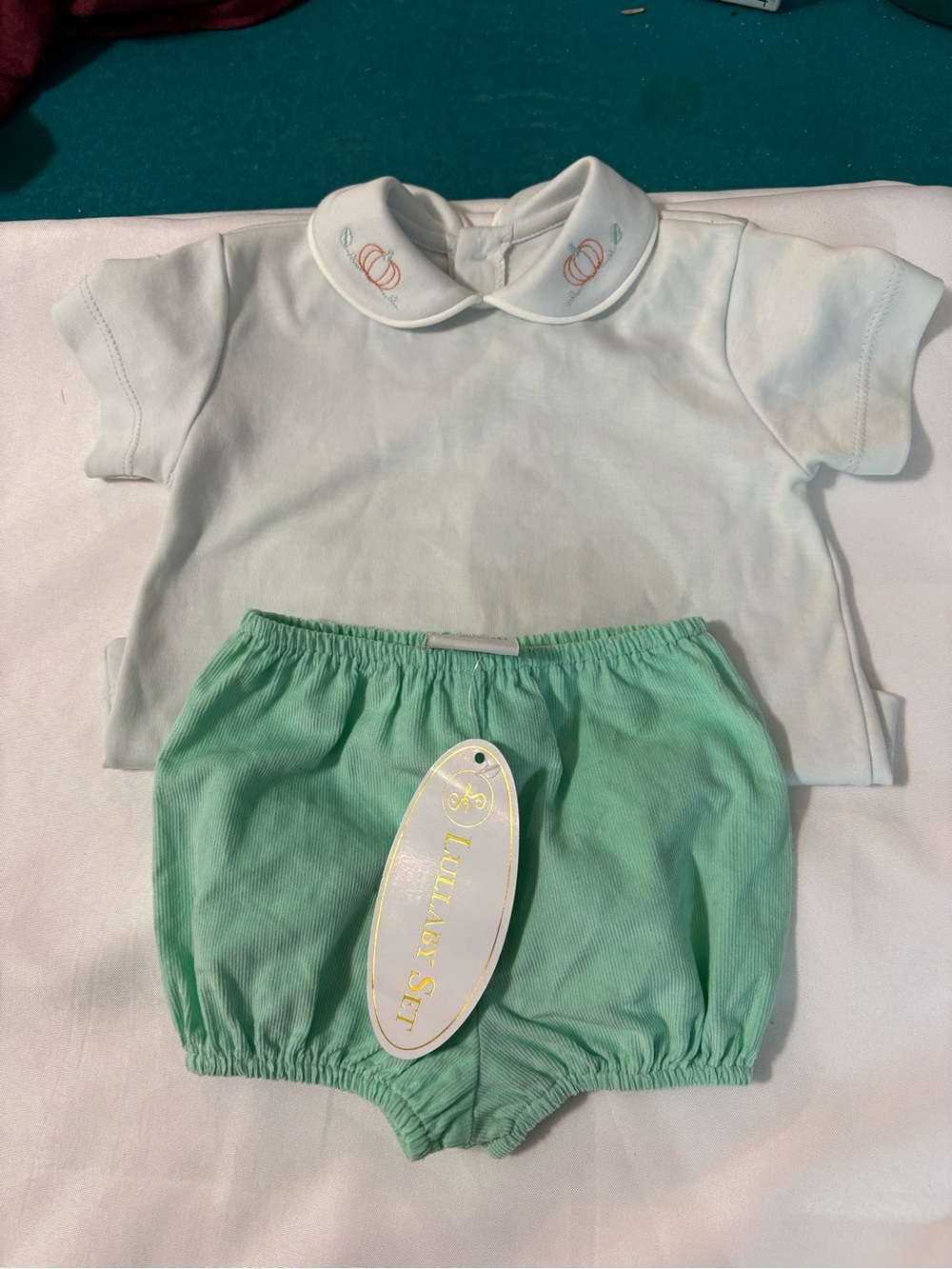 Lullaby baby 9 month White Collared Top Mint Green Bloomers embroidered pumpkin